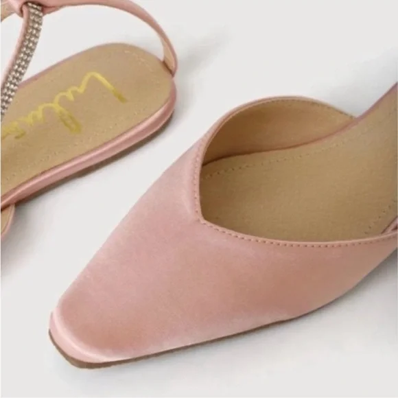 NIB Lulu’s Valetta Champagne Pink Satin Rhinestone Ankle Strap Flats 7 - Picture 6 of 12